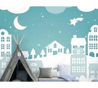 Dibujos Animados Blanco Ciudad Arquitectura Cielo Estrellado 3D Papel Pintado Pared Fácil Instalación Oficina Sala Estar Sofá Dormitorio TV Fondos Decoración-200cm×140cm