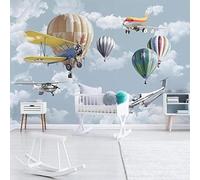 Dibujos Animados Cielo Azul Nubes Blancas Avión Globo Aerostático 3D Papel Pintado Pared Fácil Instalación Oficina Sala Estar Sofá Dormitorio TV Fondos Decoración-150cm×105cm
