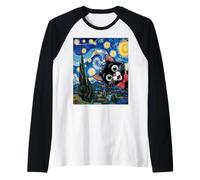 Dibujos Animados de Gatitos Noche Estrellada/Gato Pintura Divertido Camiseta Manga Raglan