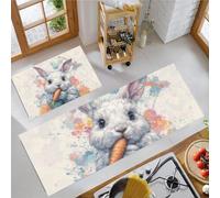 Dibujos Animados En Acuarela 2 Piezas Alfombras Cocina, Lindo Conejito Comiendo Zanahorias Antifatiga Tapete de Cocina para Piso Salón Alfombra de Cocina - 43x75+43x150cm