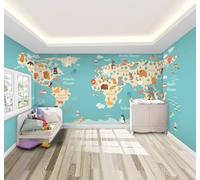 Dibujos Animados Fresco Abstracto Mapa Del Mundo Animales 3D Papel Pintado Lujo Casa Sala Decoración Estar Comedor Sofá Dormitorio TV Fondo de Pared-300cm×210cm