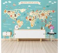 Dibujos Animados Fresco Creativo Animales Mapa Del Mundo 3D Papel Pintado Pared Fácil Instalación Oficina Sala Estar Sofá Dormitorio TV Fondos Decoración-300cm×210cm