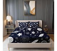 Dibujos Animados Grafitis Espacio Planetas Sábana Bajera De Lujo, Azul Oscuro Microfibra Transpirable - Incluye Funda De Almohada Sábana Bajera Doble 140 x 200 cm