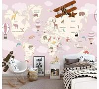 Dibujos Animados Mapa Del Mundo Globo Aerostático Avión Animales 3D Papel Pintado Pared Fácil Instalación Oficina Sala Estar Sofá Dormitorio TV Fondos Decoración-350cm×256cm