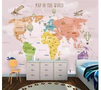 Dibujos Animados Mapa Mundial Rosa Globo Aerostático Avión 3D Papel Pintado Pared Fácil Instalación Oficina Sala Estar Sofá Dormitorio TV Fondos Decoración-150cm×105cm