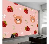 Dibujos Animados Murales De Papel Pintado 400 x 280 cm, Fotomurales Pared Tejido No Tejido Animal Rosa Oso Hojas De Fresa Decorativos Murales póster para Dormitorio Salón TV Pared