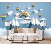 Dibujos Animados Picos De Montaña Nubes Blancas Globo Aerostático Arcoíris 3D Papel Pintado Pared Fácil Instalación Oficina Sala Estar Sofá Dormitorio TV Fondos Decoración-400cm×280cm