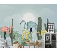 Dibujos Animados Plantas Cactus Flamenco Luna 3D Papel Pintado Pared Fácil Instalación Oficina Sala Estar Sofá Dormitorio TV Fondos Decoración-300cm×210cm