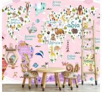 Dibujos Animados Rosa Mapa Del Mundo Animales Aviones 3D Papel Pintado Pared Fácil Instalación Oficina Sala Estar Sofá Dormitorio TV Fondos Decoración-430cm×300cm