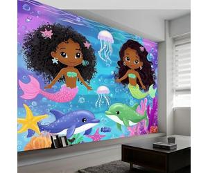 Dibujos Animados Sirenas Delfines Fotomurales no Tejido Color, 200 x 140 cm Papel Pintado Decoración de Pared moderna, Murales póster efecto 3D, Decorativos Murales para Dormitorio Salón TV Pared