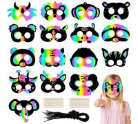 Dibujos para rascar para niños, 16 máscaras de fiesta para pintar, kits creativos de manualidades DIY con cordones elásticos y lápices de madera, máscaras faciales para juegos de cumpleaños infantiles