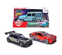 Dickie, Coche de Carreras retrofricción 15 cm, 3 Modelos aleatorios: Mercedes-Benz G 580 EQ, Dodge Charger Daytona o Renault R5, Puertas móviles, neumáticos de Goma, +3 años (203742013)
