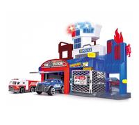 Dickie Toys Aparcamiento de Bomberos y policía con 2 Coches de Juguete con Elevador, luz Azul, Sirena, función de Fuego, para niños a Partir de 3 años