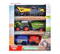 Dickie Pack de 6 vehículos de Rueda Libre - Set de 6 Mini vehículos, Incluye camión con volquete Volvo, Excavadora, Tractor Fendt con Remolque, Coche de policía Mercedes Clase G y camión de Bomberos
