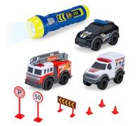 Dickie, Playset Micro Vehículos de Emergencia 9 cm con Linterna, Set de 3 Coches de policía, Bomberos y Ambulancia con señales y Accesorios, luz con 3 Modos, +3 años (203714024)