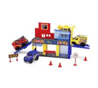 Dickie Toys 203713017 SOS Mini Estación de Rescate y 3 Vehículos con Licencia Mercedes-Benz, Coche de policía, camión de Bomberos y Ambulancia, Ascensor, rampa Cuesta Abajo.