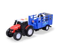 Dickie Toys - Tractor de Juguete Massey Ferguson con Remolque de Animales y Vaca - Coche de Juguete para Granja con luz y Sonido (Incluye Pilas), para niños a Partir de 3 años, 26 cm