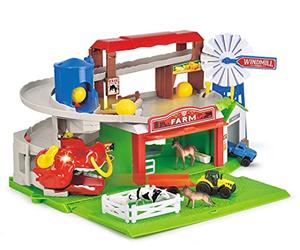 Dickie Toys 203739003 Farm Adventure Aparcamiento, Garaje, Juego de Juegos, luz y Sonido, Elevador, Incluye Animales, Bolas de heno, Puerta de Trampa, 18 x 52 x 22.5 cm, para niños a Partir de 3 años