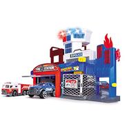 Dickie Toys Aparcamiento de Bomberos y policía con 2 Coches de Juguete con Elevador, luz Azul, Sirena, función de Fuego, para niños a Partir de 3 años
