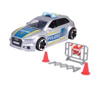 Dickie Toys - Audi RS3 - Coche policial de 15 cm con Bloqueo de Carretera y pilón, luz y Sonido, accionamiento por fricción, para niños a Partir de 3 años