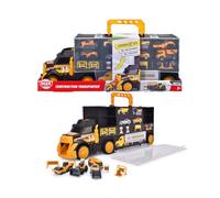 Dickie Toys - Construction Transporter 43 cm, Juguete transportador para niños a Partir de 3 años, camión de Transporte con rampa a través de la Cabina, Espacio para 28 vehículos, Incluye 4 vehículos