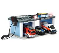 Dickie Toys Estación de Rescate SOS con Coche de policía, camión de Bomberos y Ambulancia, con luz y Sonido, micrófono con función de Altavoz, Puerta Que se Abre, Incluye Pilas, 31 x 22 x 16 cm