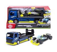 Dickie Toys - Formula Transporter Team Split 35cm Camión con Coche de Carreras Coche de Juguete para Niños a partir de 3 años con Fricción, Luz y Sonido Plataforma Extensible Función Try Me Multicolor