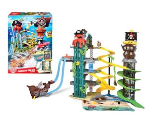Dickie Toys - Pirates of The Sea Playset - Garaje de Aparcamiento de 5 Niveles para niños a Partir de 3 años, con luz y Sonido, función de Disparo, Doble Pista, tiburón, rampa de Salto y prisión
