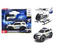 Dickie Toys Police Strike Squad - Ford Interceptor (23 cm) & Airbus H135 Helicóptero (26 cm) - Coche de Juguete y helicóptero con Rueda Libre y hélice móvil Manual