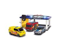 Dickie Toys - S.O.S Station para niños a Partir de 3 años (31 x 22 cm) con 3 Coches de Juguete (Coche de policía, Ambulancia, camión de Bomberos), estación de Bomberos y policía con luz y Sonido