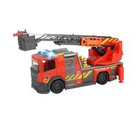 Dickie Toys Scania Rosenbauer - Escalera rotativa para Bomberos, función de pulverización de Agua, luz y Sonido, Incluye baterías, con Escalera giratoria Extensible y Patas, 25 cm, Color Rojo