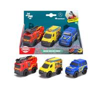 Dickie Toys Set de 3 Coches Micro Equipo de Rescate Mercedes-Benz, con Rueda Libre y Piezas móviles, camión de Bomberos, Coche de policía y Ambulancia, Juguete a Partir de 3 años (203712029)