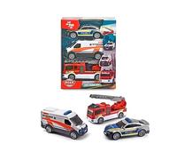 Dickie Toys SOS Team - Juego de 3 Piezas Compuesto por camión de Rescate, policía y camión de Bomberos con pulverización de Agua, versión Alemana, a Partir de 3 años