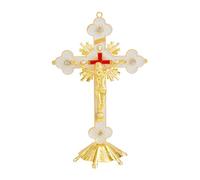 DICOSMETIC 1 juego de crucifijo de metal de Jesús, crucifijo de pie, cruz cristiana de 7.56 x 5.12 x 0.71 pulgadas, cruces de mesa católicas de color blanco dorado con soporte para decoración del