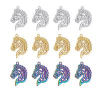 DICOSMETIC 12 Piezas 3 Colores Celtics Horse Charms Hollow Viking Charms Golden/Rainbow Y Platinum Color Western Horse Charms Acero Inoxidable Horse Heads Charms