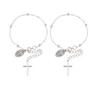 DICOSMETIC 2 pulseras cruzadas de platino, rosario, cruz, cadena de perlas, pulsera ajustable de la Virgen María, pulsera de cadena religiosa de aleación para mujeres y mujeres