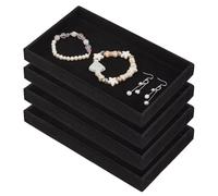 DICOSMETIC 4 bandejas de terciopelo para joyas, color negro, rectangulares, apilables, pendientes, anillos, collares, bandeja, organizador de joyas, vitrina