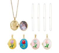 DICOSMETIC 4 piezas medallón colgante collares de latón con cadenas de cable de acero inoxidable ovalado/rectángulo colgante de imagen flor dorada cadenas de fotos para mujeres y hombres