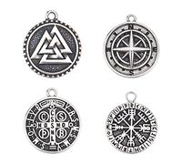 DICOSMETIC 4 Uds 4 Estilos Juego de Colgantes de Runas Valknut Colgantes de Valknut Vikingos de Plata Antigua Joyería Pagana Nórdica Redonda Plana Dijes de Acero Inoxidable