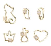 DICOSMETIC 6 piezas 6 estilos latón zirconia tornillos mosquetón cerradura colgante real 18K oro chapado mosquetón collar encanto al por mayor corazón gato llave botella mosquetón cierre clip