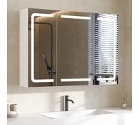 DICTAC Armario de Baño con Espejo y iluminación LED,Armario de Pared con 3 Puertas y Enchufe,Mueble Baño de Pared con Espejo y Estantes Ajustable,Mucho Espacio de Almacenamiento,80x60x16cm, Blanco