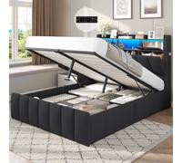 DICTAC Cama de 140 x 200 cm con somier e iluminación LED, cama de almacenamiento con cajón, cabecero tapizado y base de carga USB, cama tapizada de lino gris oscuro 140 x 200, cama doble para