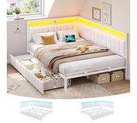 DICTAC Cama Tapizada Sofá Cama 140 x 190 con iluminación LED y Toma USB,Cama Juvenil con 2 cajones, Camas Doble,Estructura de Cama de 140 x 190 con somier de láminas de Metal, Cama Diurna, Beige