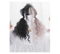 DIDADA wig Lolita 55cm Long Curly Black Mixed Ash Pink Ombre Fringe Bangs Cute Party Synthetic Cosplay Wig 22inches Muli Color