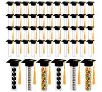Didaey Juego de 100 unidades de 6 x 1 x 1 pulgadas y mini tapas de graduación con borlas doradas, incluye 50 tubos de bolas de goma de caramelo, 50 tapas de graduación para fiestas de graduación