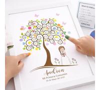 Didart Handmade Cuadro Árbol de Huellas Comunión Niña Personalizado Multicolor - Libro de Firmas con Tintas e Instrucciones - Regalo Comunión Original - Recuerdo Invitados