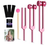DiDiBirDi Juego de 3 horquillas de afinación rosas de 128 Hz, 256 Hz, 512 Hz, equipadas con bolsa de terciopelo negro y martillo de goma rosa, adecuadas para yoga, meditación, relajación, curación de