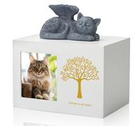 DiDiBirDi Urnas de animales para gatos, caja de cremación para mascotas, urna para cenizas, urna de gato blanco de madera para cenizas, viene con una estatua de ángel de gato de resina y una bolsa de
