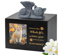 DiDiBirDi Urnas para gatos, caja de cremación para mascotas, urna de madera para cenizas de gato negro, viene con una estatua de ángel de gato de resina y una bolsa de terciopelo para guardar las
