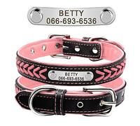 Didog Collar personalizado de cuero, collares de perro grabados de cuero trenzado con placa de identificación personalizada para perros pequeños y medianos grandes, rosa, talla M
